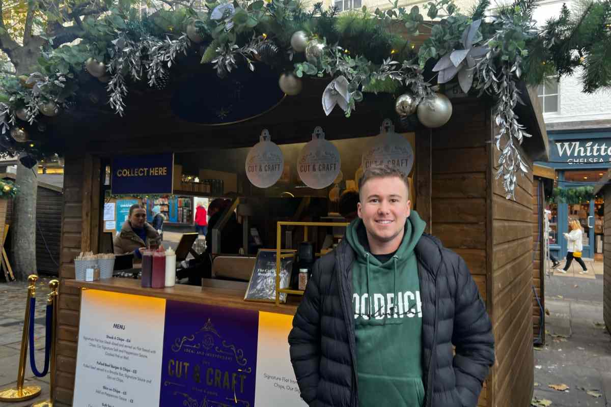me outside Cut and Crafts Christmas Market Stall in York