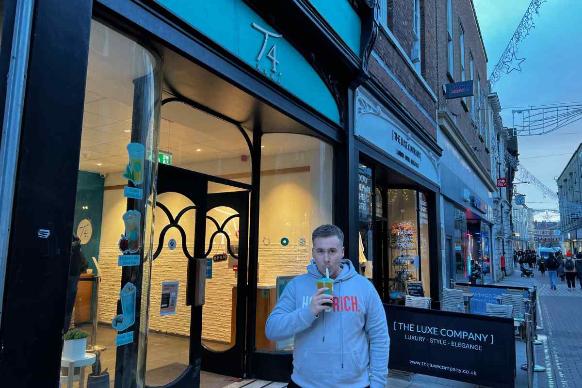 Me with my drink outside T4 bubble tea shop in York