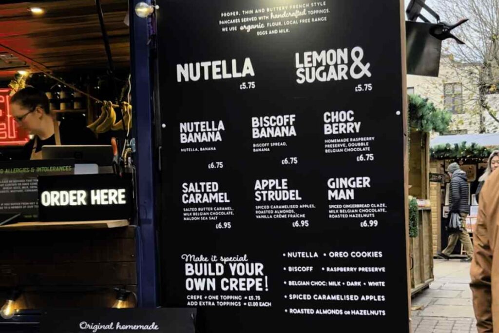 Les Crepes York Christmas market menu